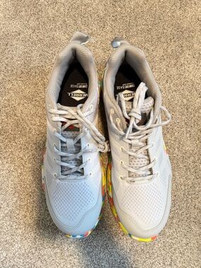 Merrell Light Gray Athletic Sneakers with Colorful Patterned Outsoles Steel toe
